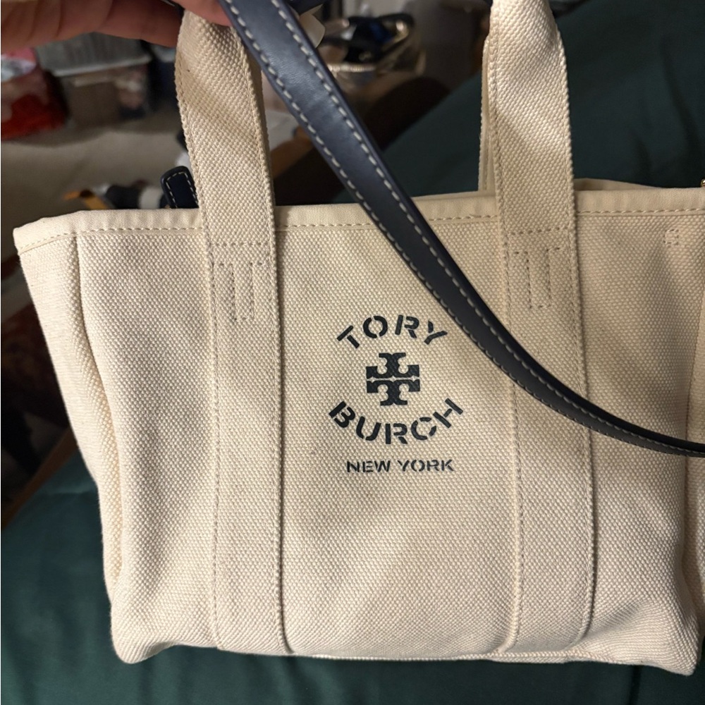 Tory Burch Beige Canvas Tote with Black Accents